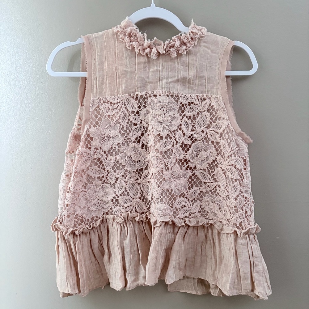 ALEXIS Pink Floral Lace Peplum Top XS Cottagecore Coquette Sleeveless Tie Back